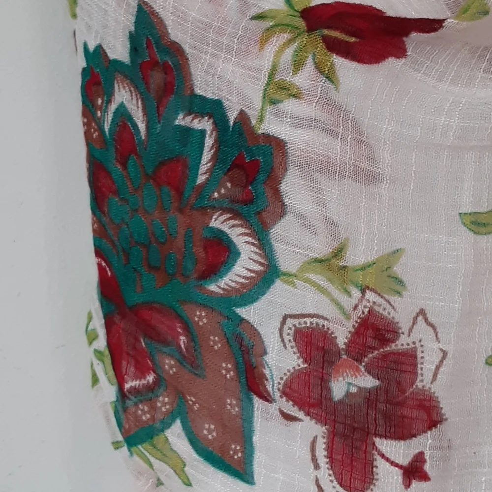 Teal, lime, red floral print on cream scarf